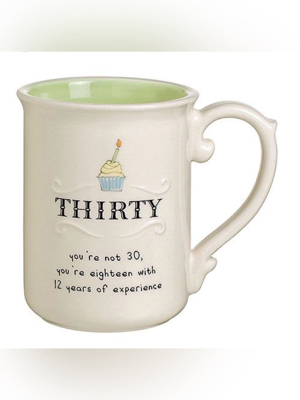 Grasslands Road Cream Mug with Mint Interior - 'Thirty' Cupcake Design